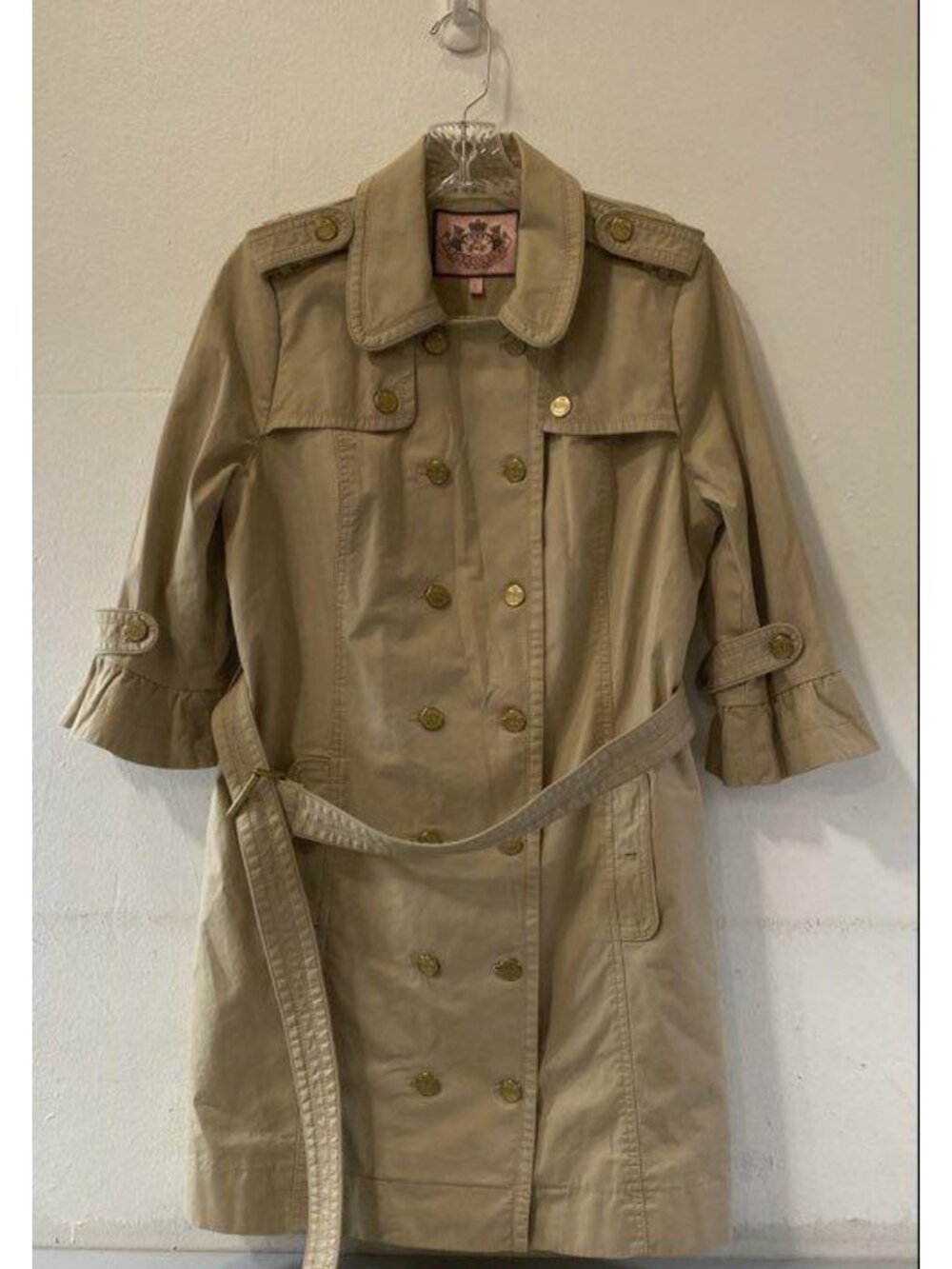 VTG Juicy Couture Tan Belted Trench Coat Large | Y2K Ruffled Cuff McBling